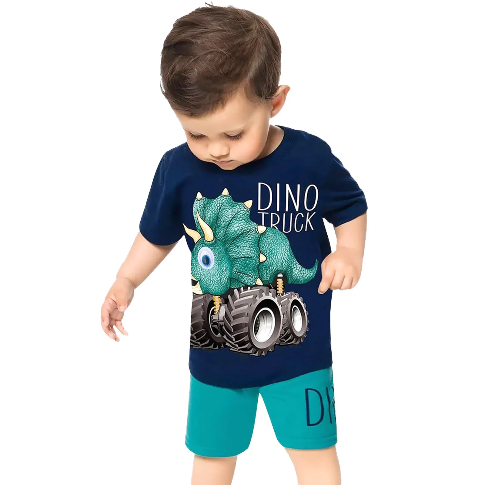 Футболки с короткими рукавами и мультяшным принтом динозавра для маленьких мальчиков, топы, шорты, детская одежда для 3-месячного мальчика