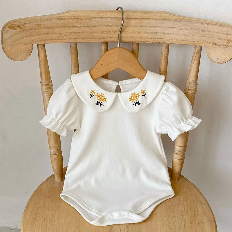 Летняя Новая одежда для маленьких девочек, детский комбинезон с вышитыми лацканами, боди с короткими рукавами, комбинезоны, одежда для малышей 0-24 м