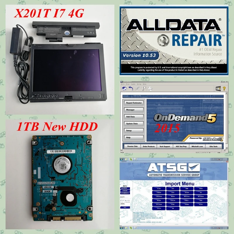 2019 поступление alldata и mit-chell на demend ATSG с программным обеспечением для автоматического ремонта жесткого диска емкостью 1 ТБ, установленным на планшете x201t (4g ram, процессор i7)
