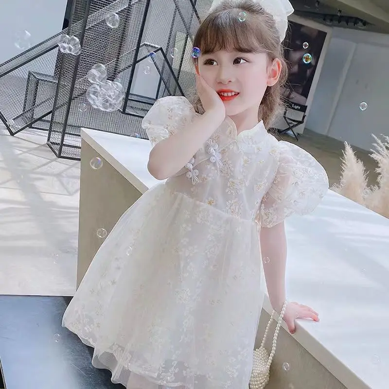 Детское платье для девочек Лето 2023, новое детское летнее модное сетчатое платье принцессы для девочек в китайском стиле Hanfu для девочек, платье в стиле ретро для девочек