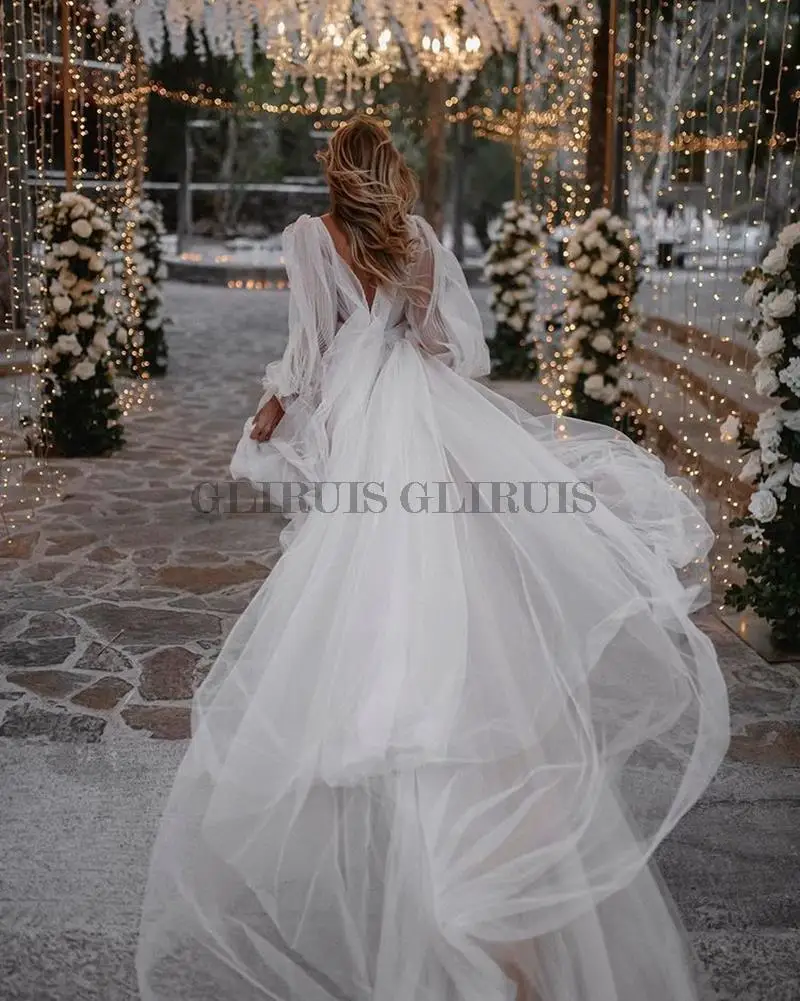Простые сексуальные свадебные платья из тюля с глубоким V-образным вырезом, Иллюзия, Длинные рукава, Придворный шлейф, платья невесты, Vestidos De Novia