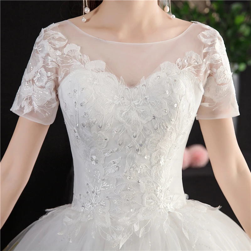 Модные элегантные свадебные платья с круглым вырезом и коротким рукавом большого размера, расшитые кружевами, аппликации из бисера, Vestidos De Novia, платья невесты