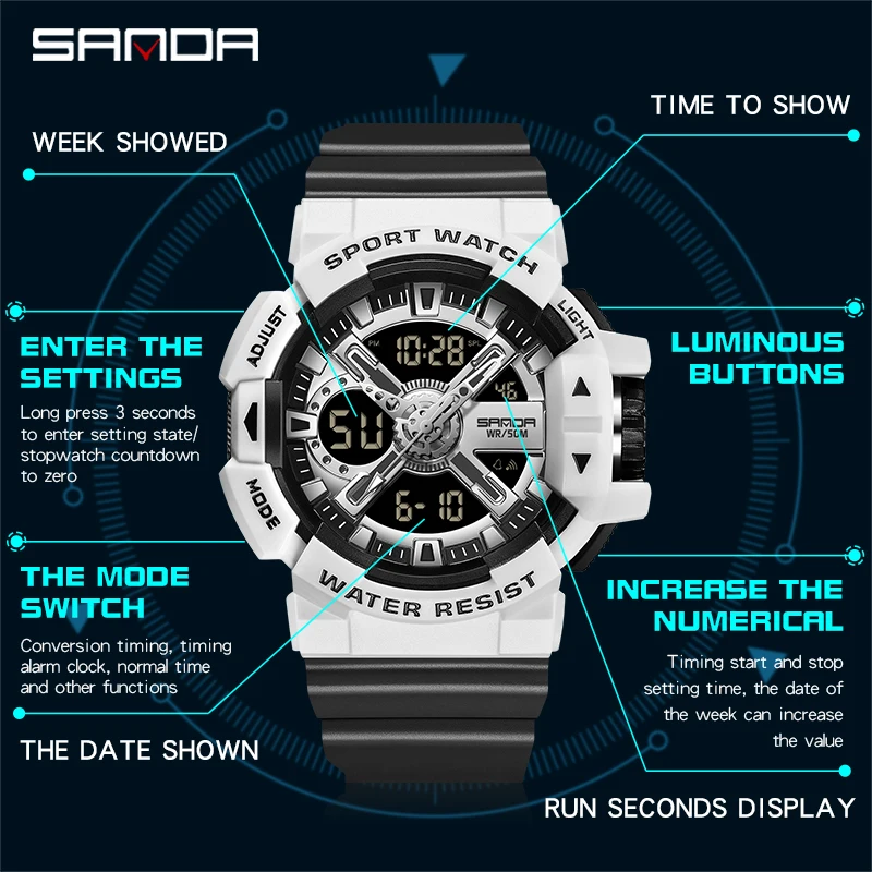 SANDA Новые Мужские часы Спортивные Военные 50 м Водонепроницаемые Цифровые Часы С Двойным Дисплеем, Кварцевые Наручные Часы, Мужские Часы Relogio Masculino