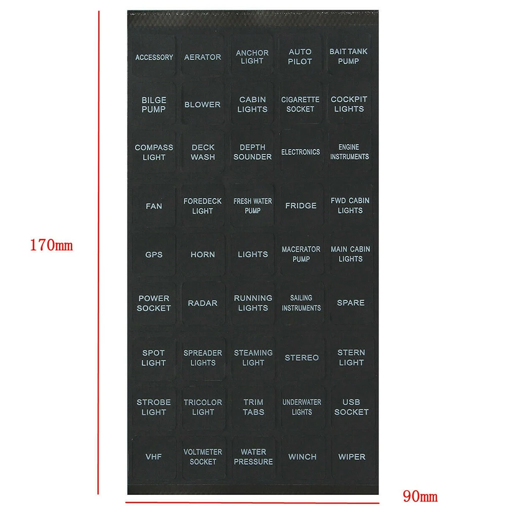 Наклейки на приборную панель ЗВУКОВЫЕ СИГНАЛЫ РОЗЕТКА ПИТАНИЯ ТОЧЕЧНЫЙ СВЕТИЛЬНИК USB РОЗЕТКА ЛЕБЕДКА 15 мм (Д) Х 15 мм (Ш) 170 мм (Д) Х 90 мм (Ш)