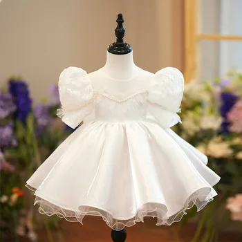 2023 Винтажное белое платье для девочек, платья для девочек в цветочек для свадебной вечеринки, кружевные бальные платья с пышными рукавами, расшитые бисером, Vestidos