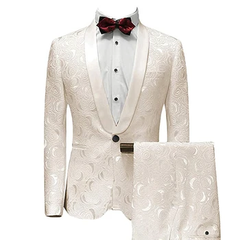 2023 Новый мужской свадебный костюм Жениха цвета Слоновой Кости Белого цвета, комплект из 2 предметов: Строгий блейзер с отворотом из шали, Приталенный смокинг и брюки