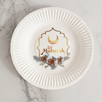 6 шт Бумажных тарелок на Ид Мубарак, черные и золотистые бумажные салфетки, Одноразовая посуда, праздничные тарелки, принадлежности для вечеринок