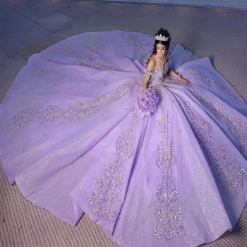 ANGELSBRIDEP Пышные платья с аппликацией из пайеток с открытыми плечами для невесты, Сиреневый корсет, торжественное свадебное платье принцессы на день рождения, новинка