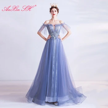 AnXin SH princess светло-голубая кружевная вечеринка винтажный вырез лодочкой, расшитый бисером, хрустальные оборки, рукав трапециевидной формы, вечернее платье для ведущей вечеринки 6122
