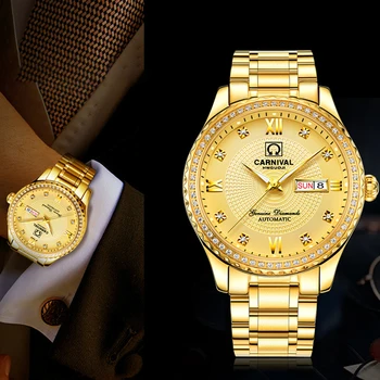 CARNIVAL Luxury Gold Diamond Автоматические Механические мужские часы Модный Мужской бренд Светящихся Водонепроницаемых часов из нержавеющей стали Reloj