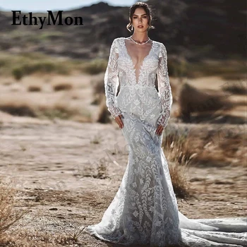 Ethymon Привлекательные свадебные платья из блестящего тюля с глубоким V-образным вырезом и длинным рукавом для невесты с цветочным принтом по индивидуальному заказу Vestido De Casamento