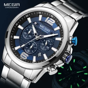 MEGIR 2023 Роскошные Часы Мужские Лидирующий бренд, Водонепроницаемые Светящиеся наручные часы из нержавеющей стали, синие спортивные кварцевые часы с хронографом, Мужские