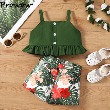 Prowow, Комплекты одежды для девочек, зеленый топ с оборками + штаны с тропическими листьями + пояс, Летняя одежда для малышей, одежда для девочек