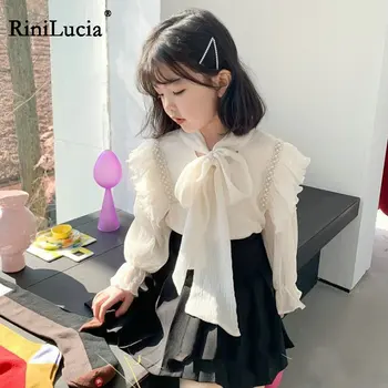 RiniLucia Корейские Элегантные блузки для маленьких девочек 2023, Весенние Детские топы с длинными рукавами, Осенние Кружевные оборки, Милые Детские рубашки, одежда