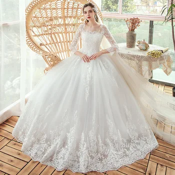 Vestido De Noiva 2022, Новое элегантное свадебное платье с круглым вырезом, Кружевная вышивка, Свадебные платья с длинными рукавами, свадебное платье в пол