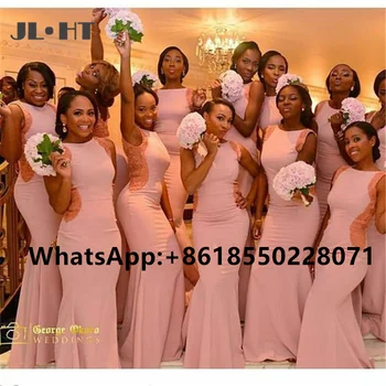 Африканская Русалка, Обнаженные Розовые платья подружек невесты, Длинный стреловидный шлейф, Эластичное Атласное Женское платье на бретелях для свадебной вечеринки