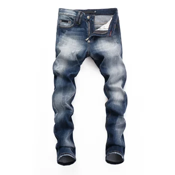 бесплатная доставка, хорошее качество, тонкие СИНИЕ мужские джинсы для клиента, хлопковые прямые брюки на молнии, джинсы