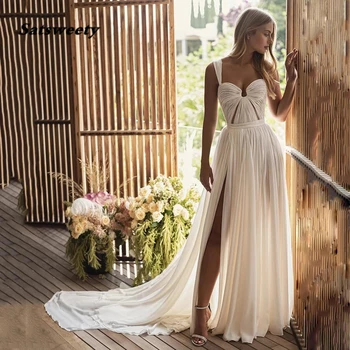 Богемное Шифоновое простое свадебное платье трапециевидной формы с высоким разрезом сбоку, Пляжные летние Женские свадебные платья с открытой спиной, Boho Princess