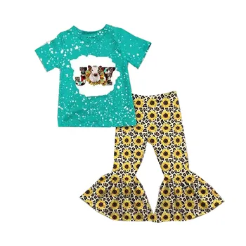 Бутик одежды для родео с буквенным принтом, Леопардовые штаны-подсолнухи с коротким рукавом, Комплект одежды для малышей
