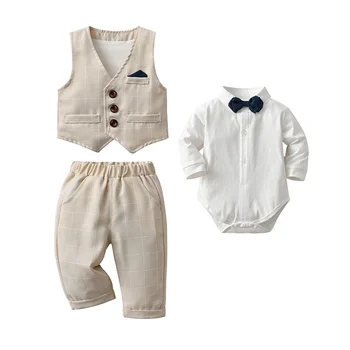 Весенне-осенняя одежда для маленьких мальчиков, костюм джентльмена на День рождения, жилет для новорожденных, рубашка и штаны для новорожденных