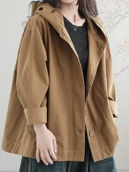 Винтажное женское пальто 2023, весенняя новинка, однотонное пальто, модный простой однобортный топ в стиле ретро с капюшоном, свободные длинные рукава, широкая талия, однобортный топ