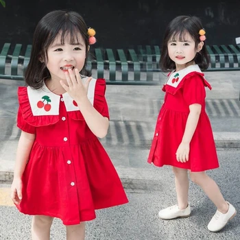 Вишневое платье для маленьких девочек 2020 года, летнее платье с матросским воротником и коротким рукавом, детская одежда от 2 до 6 лет LT021