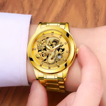 Водонепроницаемые мужские кварцевые часы со скульптурой Золотого дракона, роскошные мужские наручные часы из стали, классические Изящные часы, женские наручные часы Reloj Ho