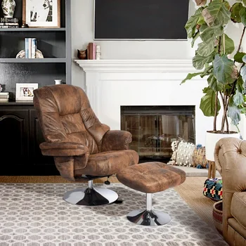 Вращающееся кресло для отдыха, винтажное кожаное кресло для отдыха, хромированное основание, кресло для отдыха в гостиной с чехлом и подставкой для ног, винтажное коричневое