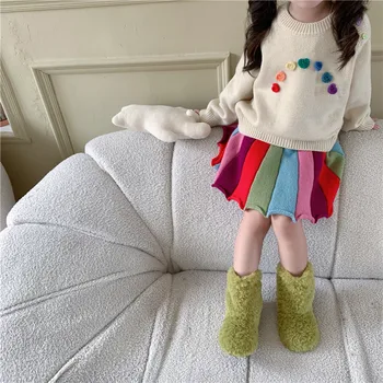 Детская одежда в Корейском стиле 2022, Осень-Зима, Новый Модный Трикотаж для девочек Sweet Rainbow, Свитер, Юбка, Повседневный Сладкий комплект