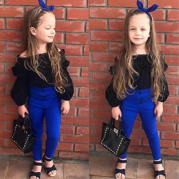 Детская одежда из двух предметов, шифоновый топ с воротником в одну линию и открытыми плечами + синие брюки для девочек весенне-осеннего сезона