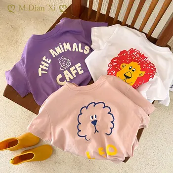 Детская футболка из 100% хлопка, Летняя новинка 2023 года, футболка с короткими рукавами и рисунком мышки для мальчиков и девочек, детская рубашка с круглым вырезом и круглым вырезом
