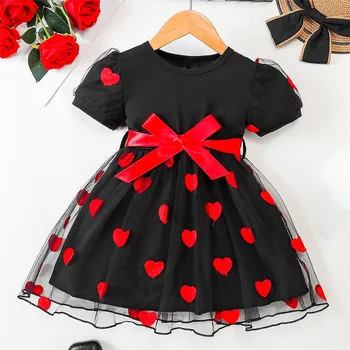 Детское Сетчатое платье принцессы для девочек, Летнее платье с круглым вырезом и коротким рукавом, Красное платье с бантом и принтом в виде сердца, Вечернее платье, Vestidos
