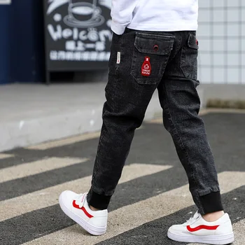 Джинсы для больших мальчиков 2019, хлопковые модные высококачественные брюки для мальчиков подросткового возраста, эластичные брюки с аппликацией по всей длине, Размер 100-160