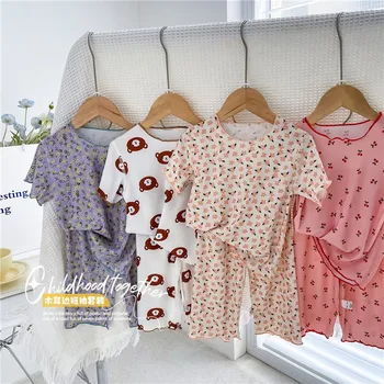 Домашняя одежда Летний костюм Детская одежда для девочек Модные Пижамы с милым принтом для малышей Одежда для отдыха для малышей Футболки Шорты Комплекты