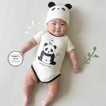 Забавная модель с пандой, Корейская одежда для новорожденных мальчиков и девочек, летний комбинезон Kawaii с коротким рукавом, комбинезоны для новорожденных