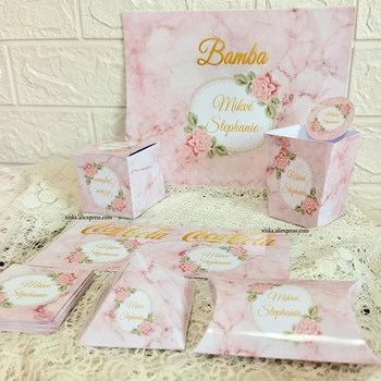 Изготовленные на заказ сувениры на тему свадьбы из розового мрамора, коробка для подушек, этикетки для бутылок с водой, коробка-пирамидка для конфет, украшение для крещения гостей на день рождения