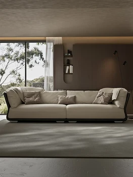 Итальянский высококлассный минималистичный и роскошный прямой диван в гостиной, натуральная воловья кожа, матовая кожа, большая плоская вилла