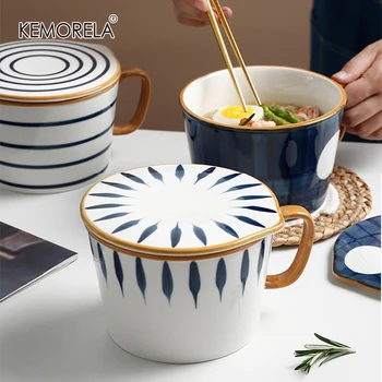 Керамическая миска для лапши быстрого приготовления с ручкой и крышкой Домашняя миска для рамена, посуда для салата в японском стиле, Креативная миска для лапши быстрого приготовления