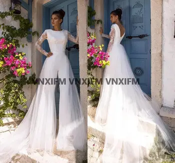 Комбинезоны с длинным рукавом, Свадебное платье со съемным шлейфом, Белое Для женщин, Кружевное богемное свадебное платье, свадебные платья Vestido De