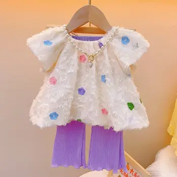 Комплект детской одежды для девочек Весна Лето 2023, новый милый стиль, модные брюки с коротким рукавом от комаров, комплект одежды из двух предметов