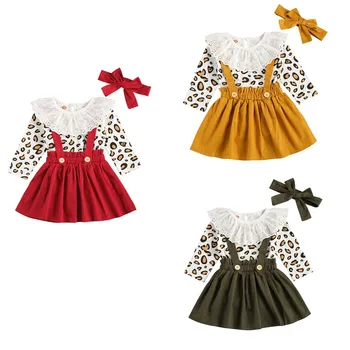 Комплект из 3 предметов для маленьких девочек, кружевной комбинезон с длинными рукавами и леопардовым принтом + юбка с однотонным ремешком + галстук-бабочка для малышей 0-3 лет