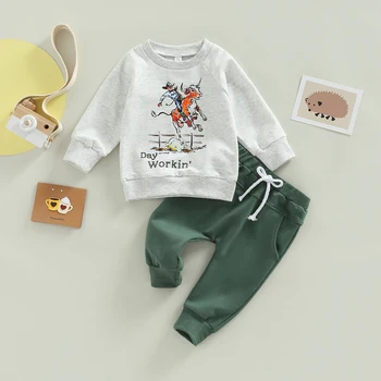 Комплект одежды для маленьких мальчиков из 2 предметов, толстовки с длинными рукавами и надписями с героями мультфильмов, топы + брюки, Детская одежда, комплекты одежды для маленьких девочек