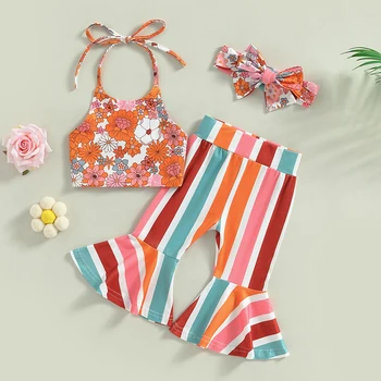 Комплект одежды для маленьких девочек от 1 до 5 лет, жилет с цветочным рисунком на шее и расклешенными штанами в полоску, летний наряд