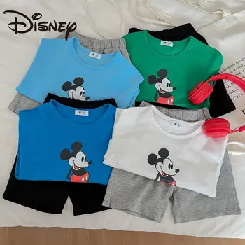 Комплект хлопчатобумажной одежды Disney Mickey 2023 для маленьких мальчиков, Рубашка + шорты, Детский костюм с коротким рукавом, Летний пуловер с круглым вырезом, детская одежда