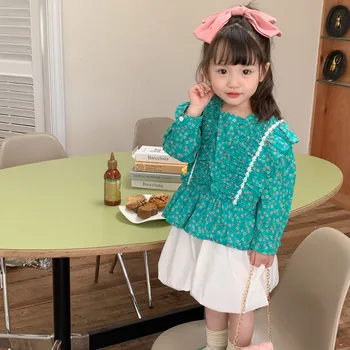 Комплекты для девочек корейской версии, новинка весны 2023, модная Зеленая рубашка с цветочным рисунком и короткий пуловер с квадратным воротником, милые и милые