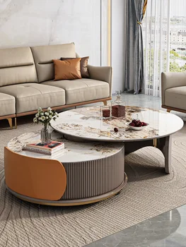 Легкий роскошный журнальный столик из каменной плиты, комбинация круглых размеров, элитный вращающийся журнальный столик, гостиная, элитный кофейный столик