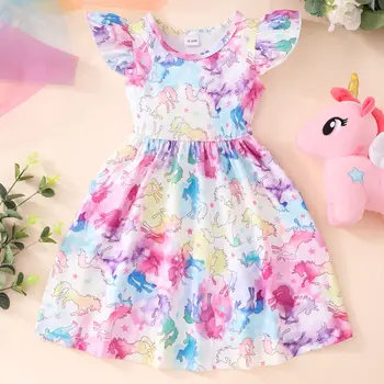 Летнее платье для девочек, модное платье с летящими рукавами, детская юбка-трапеция с милым мультяшным единорогом от 1 до 8 лет, детская одежда