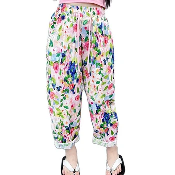 Летние брюки с цветочным рисунком для девочек, повседневные детские брюки в стиле кэжуал, подростковая одежда для девочек 6, 8, 10, 12, 14 лет