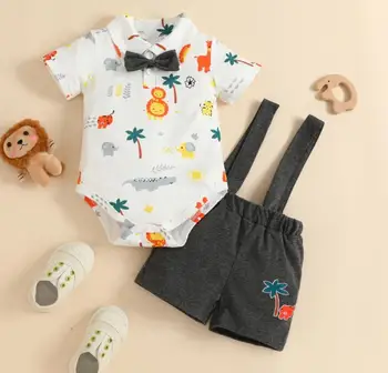 Летняя одежда для новорожденных 0-18 м, комбинезон с короткими рукавами и животным принтом для мальчиков, топы и комбинезоны, шорты, 2 шт./компл., комплект одежды для маленьких мальчиков