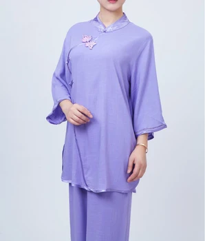 Лето 4 цвета фиолетовый/розовый/синий женская льняная и хлопчатобумажная одежда для занятий тайцзицюань униформа для боевых искусств костюмы кунг-фу костюм для тайцзицюань
